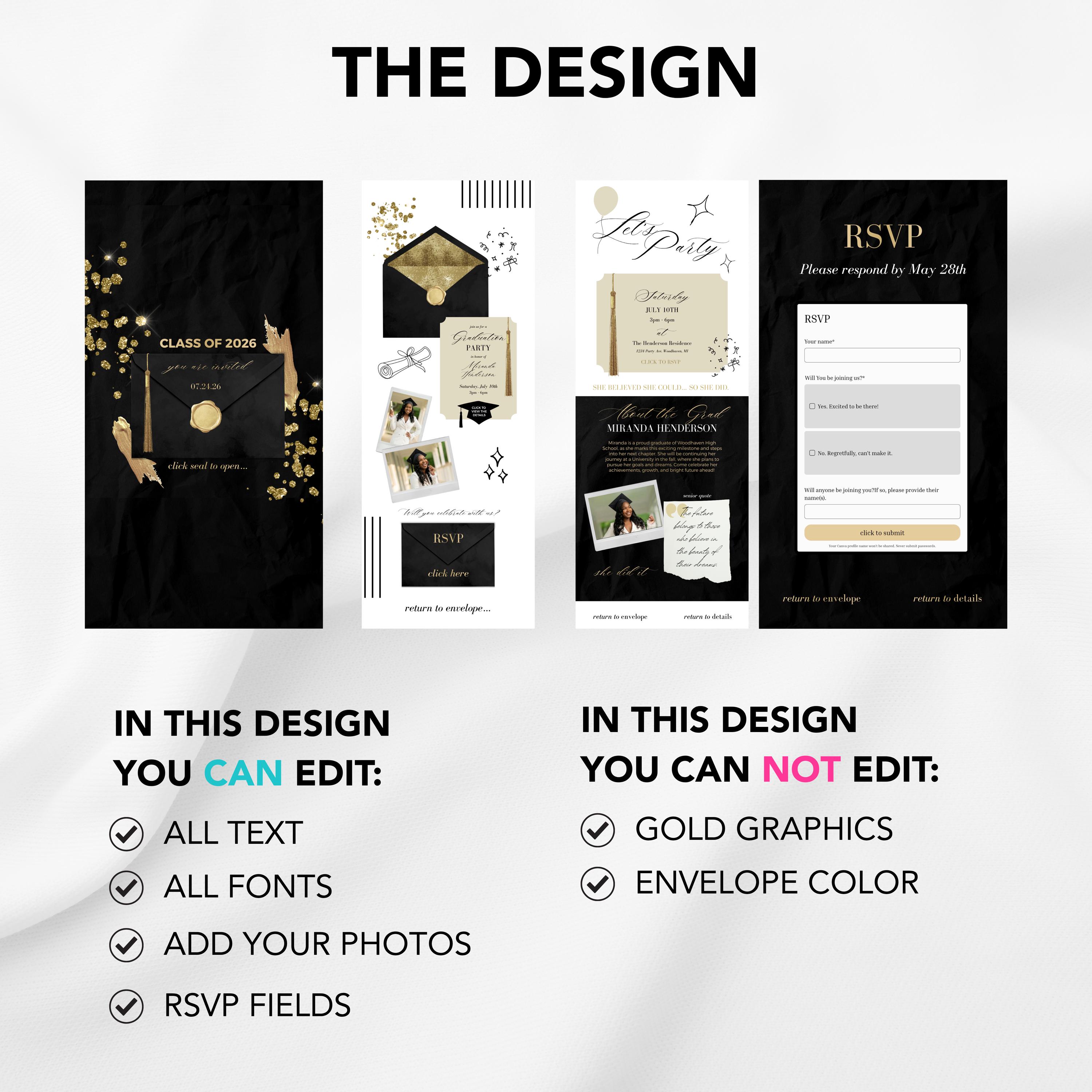 Black Gold Graduation Website Template With RSVP | Modern Doodle Grad ...