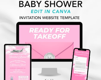 Airline Baby Shower Website Template with RSVP | Airplane Baby Shower | Editable Canva Template (Digital Download)