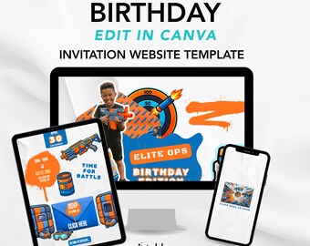 Foam Dart Battle Birthday Invite | Kids Party Website Invitation | Instant Download | Canva Template
