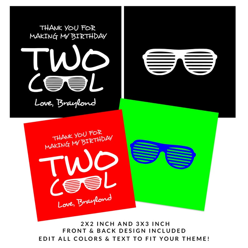 Puede incluir: Dos etiquetas de favor imprimibles con el texto "Gracias por hacer de mi cumplea&ntilde;os Two Cool" y las palabras "Love, Braylond". Las etiquetas son de color rojo y negro con texto blanco y gafas de sol. La parte posterior de las etiquetas tiene gafas de sol en blanco y azul.