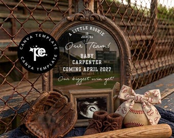 Anuncio de embarazo con temática de béisbol, revelación de bebé con temática de béisbol, plantilla editable de Canva, anuncio de bebé, descarga digital