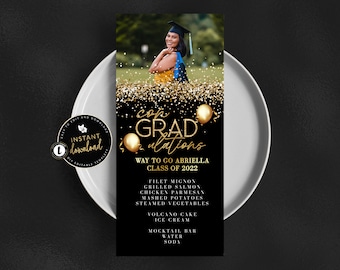 Graduation Menu Card, Photo Graduation Menu, Gold Graduation Menu, Photo Menu Card, Instant Download, Self Edit Digital Templett,