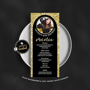 Gouden menukaart met foto, fotomenukaart, afdrukbaar menu, gouden menukaart, menu Templett, direct downloaden, Templett-menu