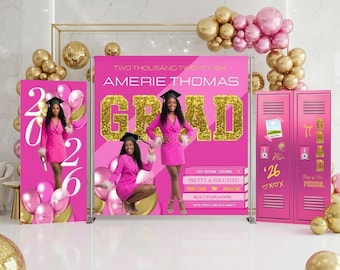 Pink & Gold Graduation Backdrop Bundle, Canva Pro Template