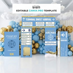 May include: A baby shower decoration set with a travel theme. The set includes a passport, boarding pass, and signs with phrases like "Terminal Sweet Arrival" and "Baby M Airlines." The colour scheme is blue and gold.