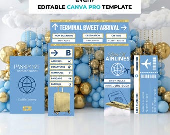 Gold Airline Party Decor Bundle, Airplane Party, Airplane Baby Shower, Printable Party Decor, Lifesize Cutouts, Printable Canva Pro Template