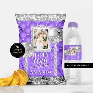 Purple and Silver Chip Bag, Purple and Silver Water Label, Purple Birthday, Purple Party Printables, Editable Download, Prom Chips, Templett