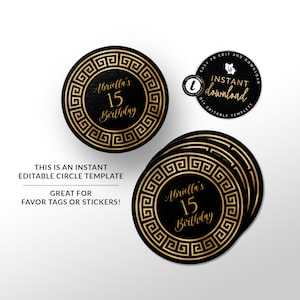 Étiquette-cadeau cercle clé grecque à télécharger, modèle d'autocollant grec, cercle imprimable motif grec, cercle Templett numérique instantané