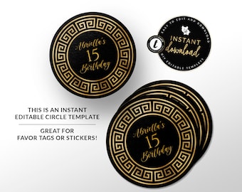 Greek Key Circle Gift Tag Download, Grecian Sticker Template, Greek Pattern Printable Circle, Circle Instant Digital Templett
