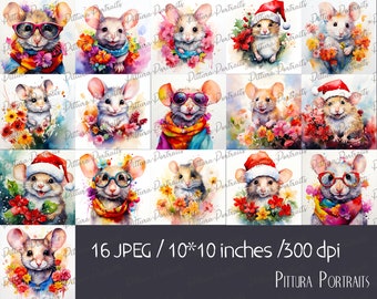 Watercolor Mouse Clipart: Nursery Art, Animal Illustrations (Digital Download, 16 JPGs 10x10 inches )