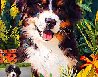 May include: A colorful painting of a Bernese Mountain Dog puppy with a happy expression. The dog is surrounded by tropical plants and flowers in shades of green, yellow, and red.