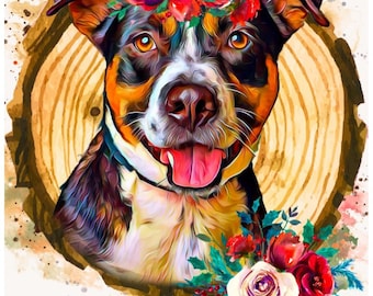 May include: A colorful painting of a dog wearing a floral crown. The dog is brown, black, and white with a pink tongue sticking out. The dog is looking at the camera. The background is a watercolor wash of brown and white. The dog's name, "DUKE", is written in large, bold letters at the bottom of the image.
