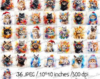 36 Watercolor cat  Cliparts -36 High Quality JPGs -Christmas cute kitten Nursery art Nursery animal watercolor cat art Digital Download