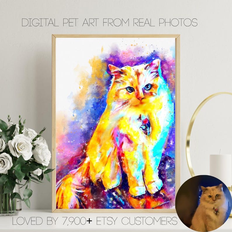 Custom Pet Portraits Using Pet Photo Personalized Digital Dog Portraits Cat Portraits Custom Dog Portrait Custom Pet watercolor Pet Memorial