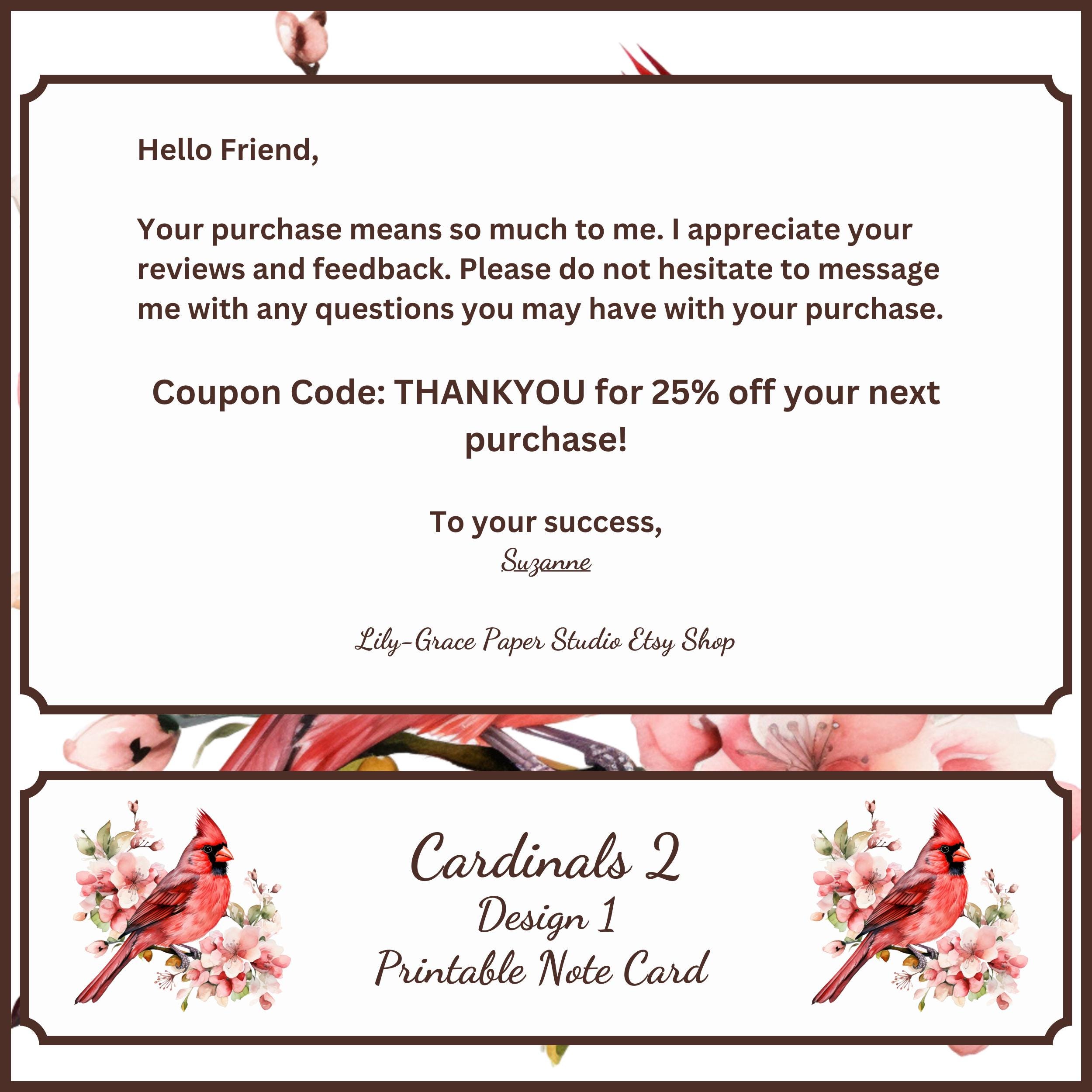 Carinal Bird Floral Printable Note Card and Envelope Liner in 3 Sizes ...