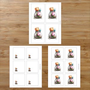 May include: A collection of watercolor illustrations featuring a smiling pink flower character inside a glass jar, topped with an orange tulip and a blue butterfly. The illustrations are arranged on white cards.