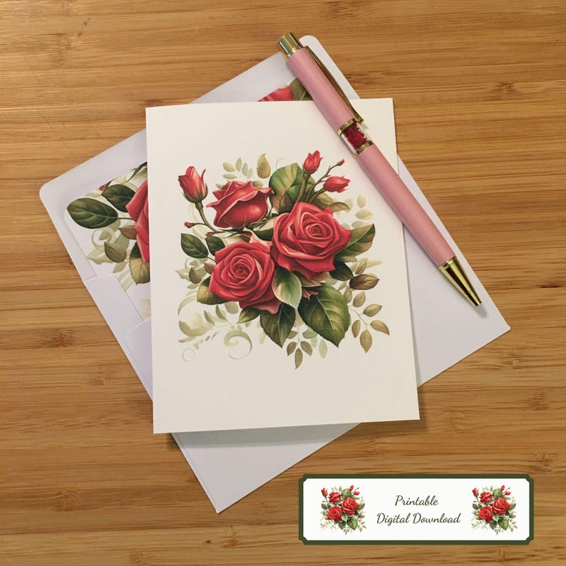 Printable Red Roses Note Cards With Lined Envelopes Thank You Card Gift ...