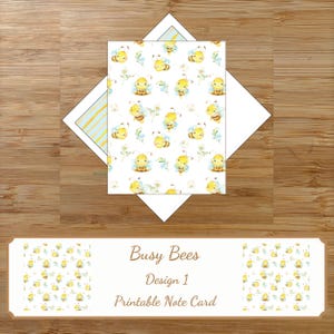 May include: A printable note card with a design of yellow bees, blue bows, and white flowers on a white background. The card is inside a white envelope with a blue and yellow striped pattern. The text "Busy Bees Design 1 Printable Note Card" is displayed.