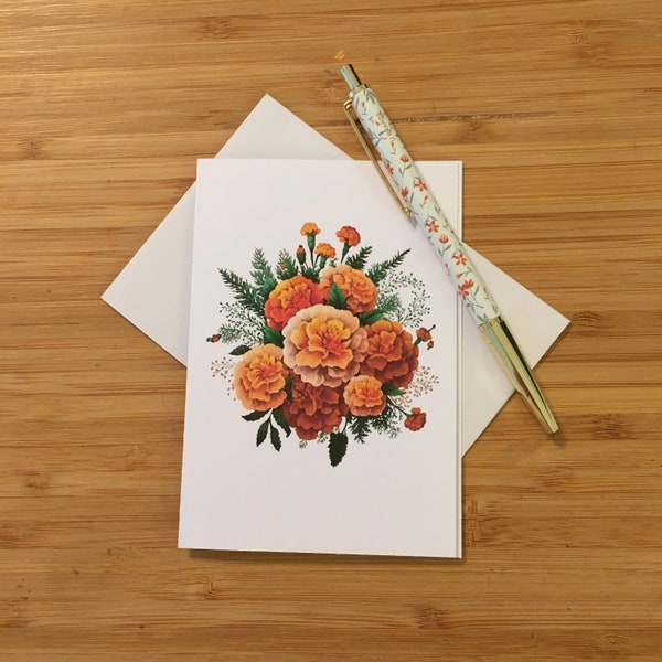 Notecards and Envelopes A1 Marigold Note Card Floral Cards Flower Card Botanical Cards October Birth Month Cards