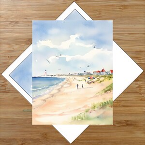 May include: A watercolor painting depicting a coastal beach scene with a lighthouse, sandy dunes, and small figures walking along the shore. The sky is filled with soft blue clouds, and several birds are flying above the ocean and the coastline.