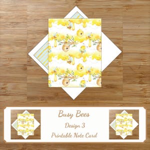 May include: A printable note card with a watercolor design featuring yellow bees, honey, and beehives. The card is set inside a white envelope with a blue and yellow striped pattern. The text "Busy Bees Design 3 Printable Note Card" is displayed below.