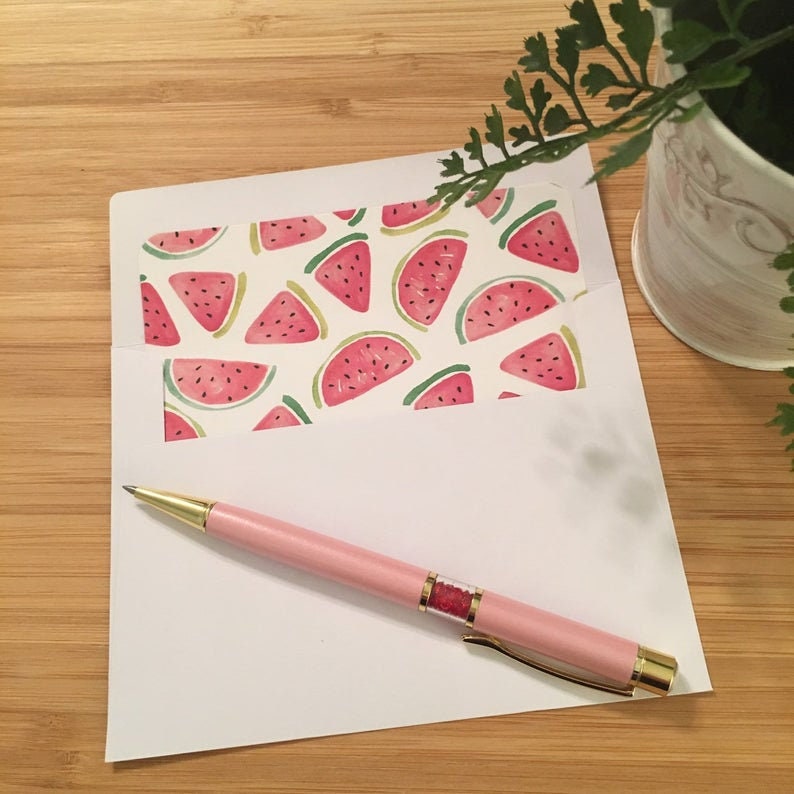 Set of 10 Watercolor Watermelon Lined Envelopes