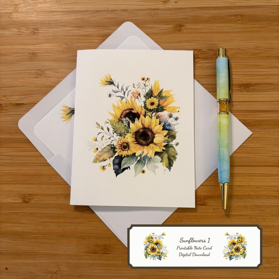 Sunflowers Printable Note Cards With Lined Envelopes Floral Card ...