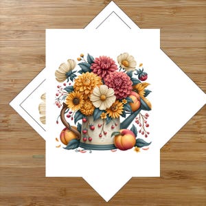 May include: A white watering can filled with a vibrant floral arrangement of yellow, orange, and pink dahlias and daisies. The composition includes green leaves, small red berries, and two ripe peaches resting at the base of the watering can.