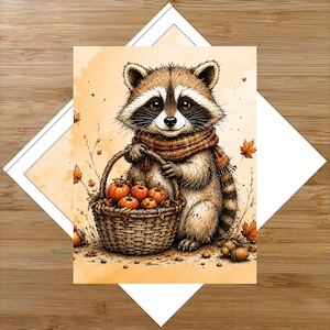 May include: A rectangular print featuring a detailed illustration of a raccoon wearing an orange and brown plaid scarf. The raccoon is holding a woven basket filled with small orange pumpkins. Scattered autumn leaves and acorns surround the figure.