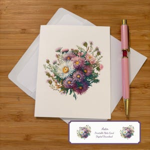 Tarjetas de notas imprimibles con diseño floral de aster con sobres forrados, tarjeta de cumpleaños, tarjeta de regalo de agradecimiento, descarga digital, flor del mes de nacimiento de septiembre