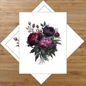 May include: Greeting card featuring a watercolor illustration of a bouquet of peonies in shades of deep red, purple, and pink. The flowers are surrounded by green leaves and buds. The card is white with a simple border.