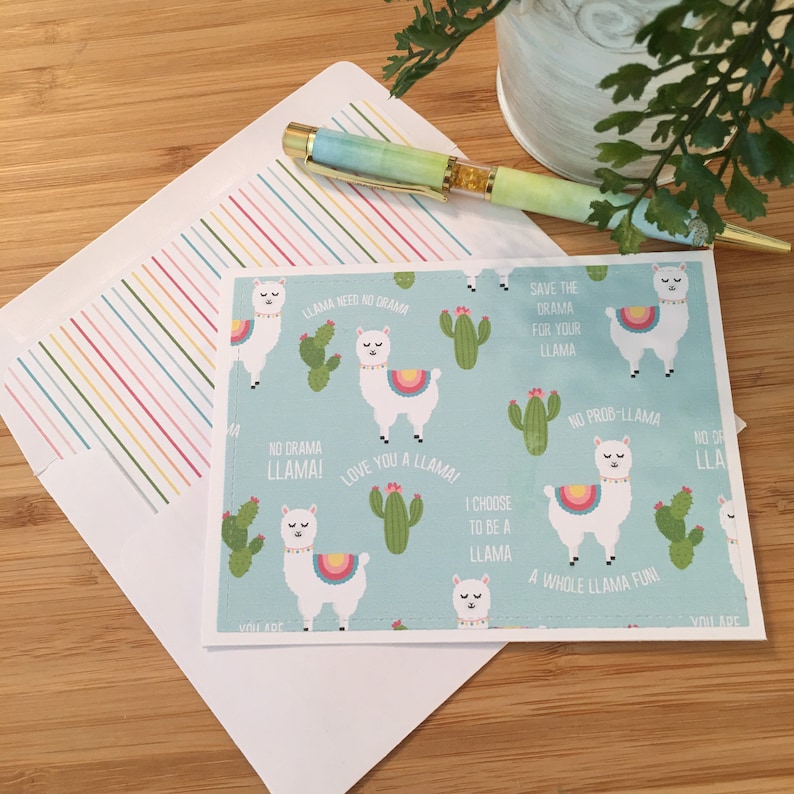 6 Handmade Llama Drama Note Cards with Envelopes