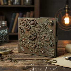 Unique steampunk sticky note book with magnetic closure and vintage flair