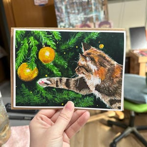 Blank Inside Christmas Greeting Card - 5x7 Kitty Cat Christmas Tree Holiday Card - Original Art Print Card