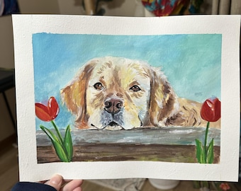 Golden Retriever Dog and Tulips Portrait, Gouache Painting: Original Watercolor Art (9x12)