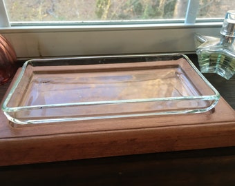 Trinket Tray, Glass with Wood Base: Cosmetic Tray, Desk Tray, Succulent Tray