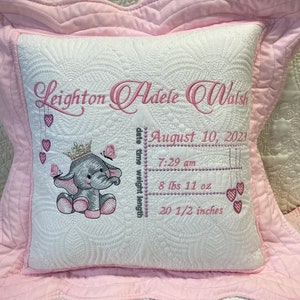 Personalized baby quilt pillow, Birthday stats, Birthday announcement, embroidered quilt pillow, heirloom quilt pillow, baby pillow
