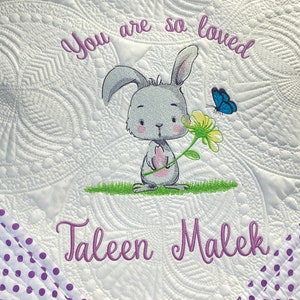 Personalized baby quilt blanket, embroidered quilt, heirloom quilted blanket, personalized embroidery blanket, baby blanket, Easter, Bunny