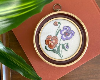 embroidery, floral embroidery, wall art, pansies, floral art, framed embroidery, bouquet, gallery wall, vintage embroidery