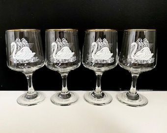 Vintage glassware, swan design, wine glasses, sherry glasses, swan glassware, vintage stemware, vintage barware, birds, swans