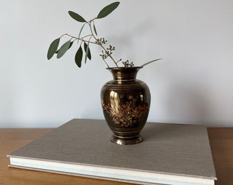 Brass vase, floral inlay, vintage brass, flower vase, Indian brass, home decor, brass decor, brass pedestal vase