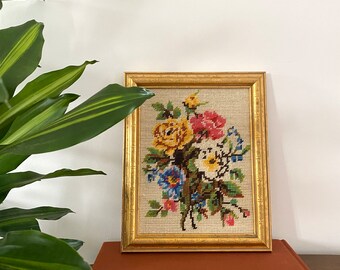 Vintage floral embroidery, embroidery art, wall art, floral art, framed embroidery, bouquet, gallery wall, vintage art