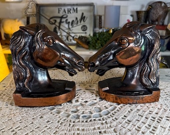 Vintage Horse Head Bookends | Copper Black Metal Equestrian Decor | Mid Century Style