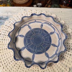 Signed Petra Handmade Studio Pottery Pie Plate | Blue & Gray Stoneware Baker | Scalloped Pie Dish