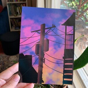 夕焼けの絵のアートプリント - 美しい夕焼けのアートプリント - かわいい夕焼けの紫、ピンク、黄色の雲のポストカードプリント - 壁アートプリント装飾
