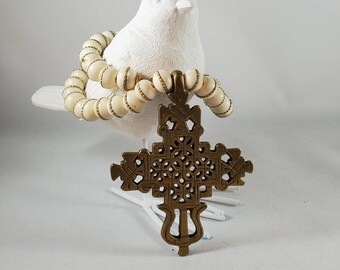 Bone Beads Inlaid with Brass & Coptic Cross Necklace.
