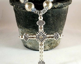 Silver Czech Glass Crystal Beads and Silver Pewter Cross Necklace!