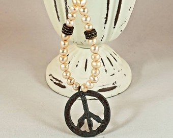 Freshwater Pearl Necklace with Brown/Bronze disc beads and a Peace Sign Pendant