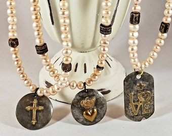 Freshwater Pearl Necklace with either Cross or Heart with a Crown Pendant