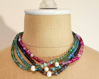Pearl AB Glass Bead Necklace, Gemstone Necklace, Aurora Borealis Necklace